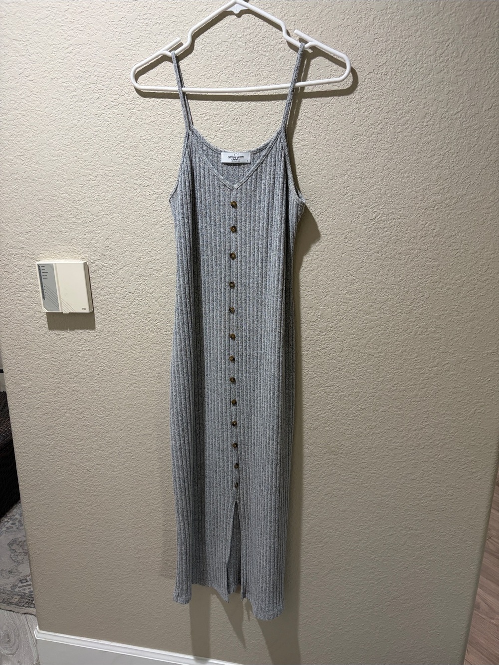 Carly Jean Grey Ribbed Button-Front Midi Slip Dress